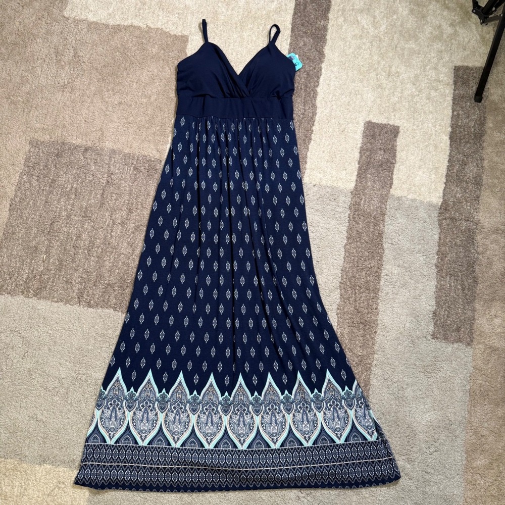 Just Be Womens Navy Blue Paisley Geometric Maxi Dress Surplice V-Neck 1X NWT